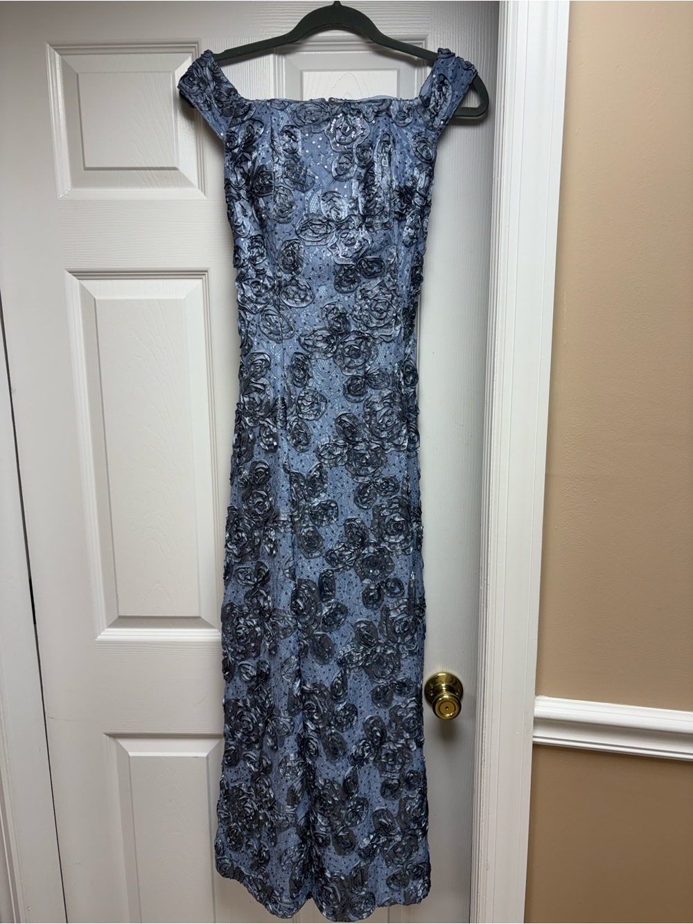 Alex Evenings Dusty Blue Floral Appliqué Maxi Gown